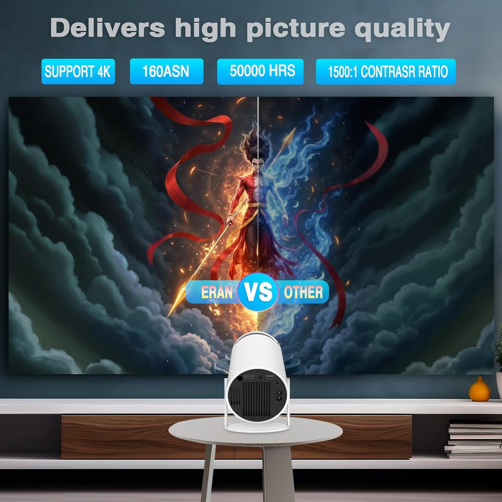 HY300 Mini Portable Projector, Support 4K 1080P with Dual-Band WIFI6 5G Wireless 5.0 Bluetooth Android 11, 180° Rotatable, Auto Keystone Correction, 35"-130" Screen Video Projector