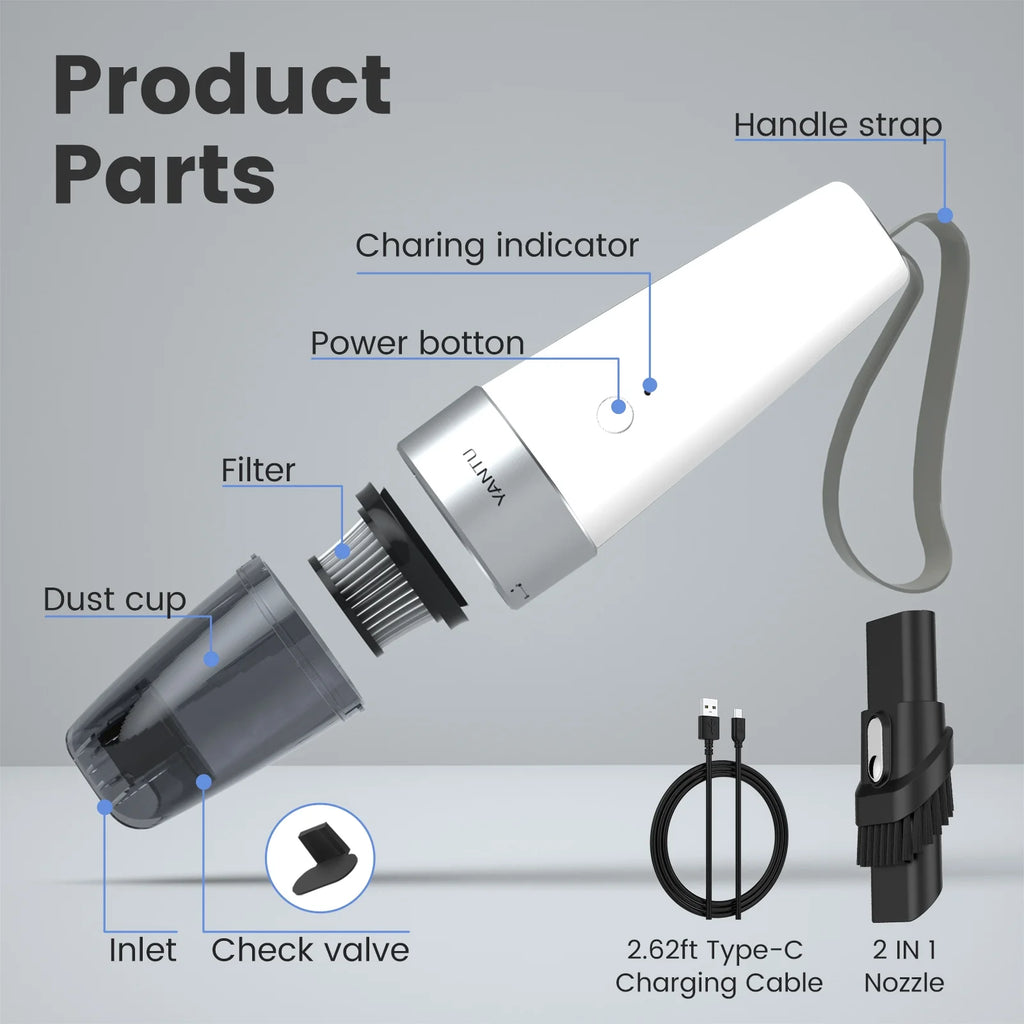Car Vacuum,  Car Vacuum Cleaner High Power 6000PA Mini Handheld Portable Corded Small Vacuum for Quick Car Cleaning, DC 8.4V Portable Auto Vacuum Cleaner for Wet Dry with 2In1 Brush（White)