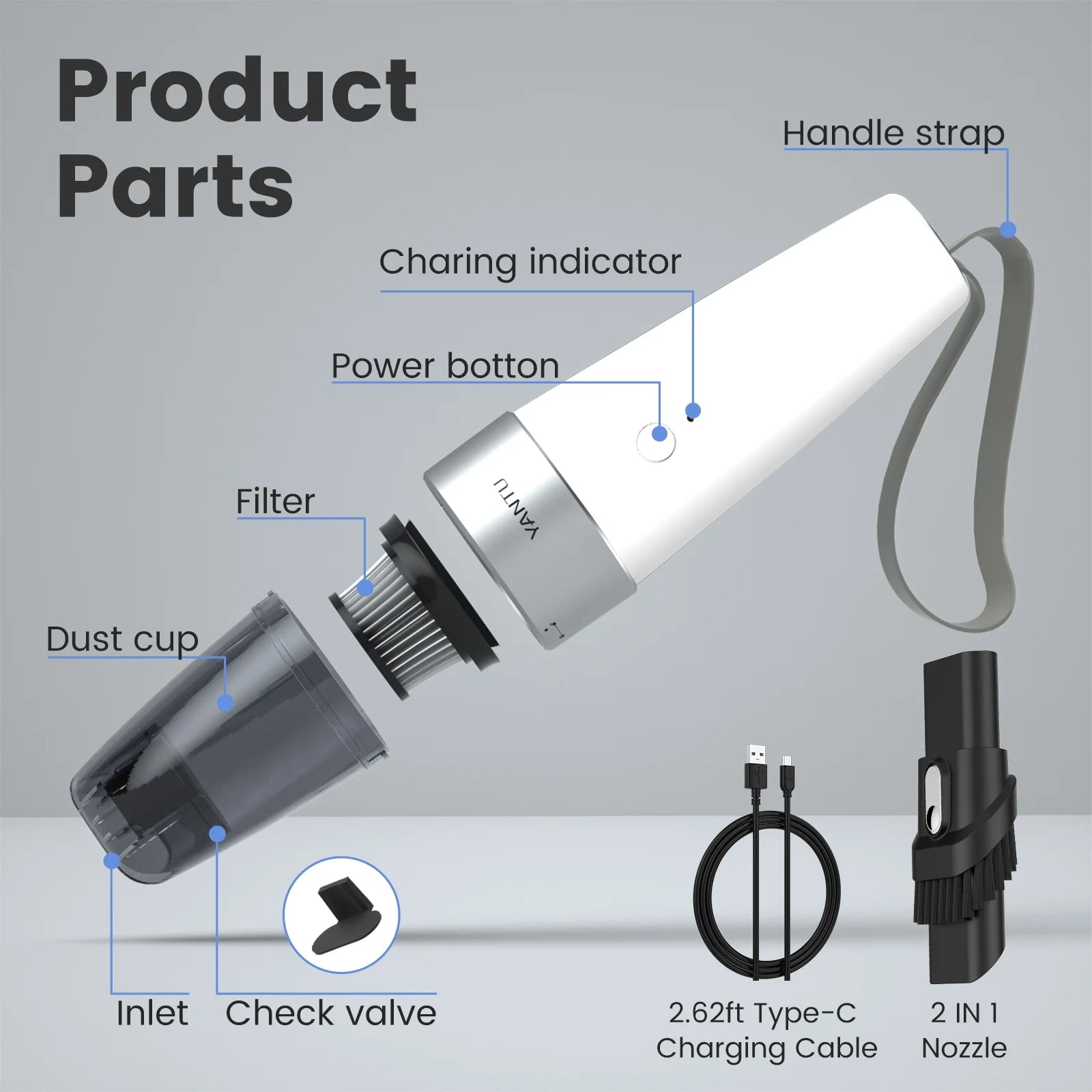 Car Vacuum,  Car Vacuum Cleaner High Power 6000PA Mini Handheld Portable Corded Small Vacuum for Quick Car Cleaning, DC 8.4V Portable Auto Vacuum Cleaner for Wet Dry with 2In1 Brush（White)