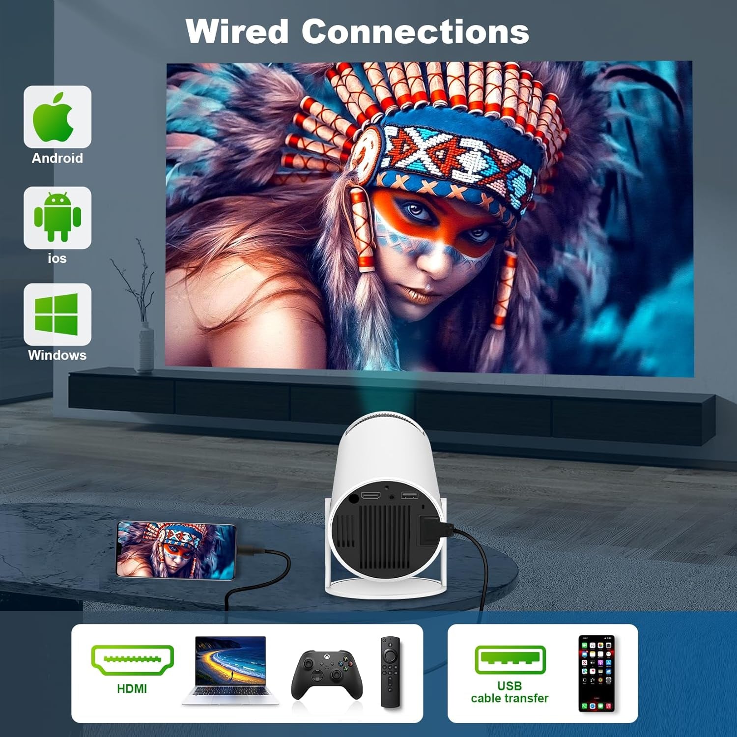 HY300 Mini Portable Projector, Support 4K 1080P with Dual-Band WIFI6 5G Wireless 5.0 Bluetooth Android 11, 180° Rotatable, Auto Keystone Correction, 35"-130" Screen Video Projector