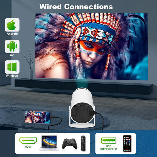 HY300 Mini Portable Projector, Support 4K 1080P with Dual-Band WIFI6 5G Wireless 5.0 Bluetooth Android 11, 180° Rotatable, Auto Keystone Correction, 35"-130" Screen Video Projector