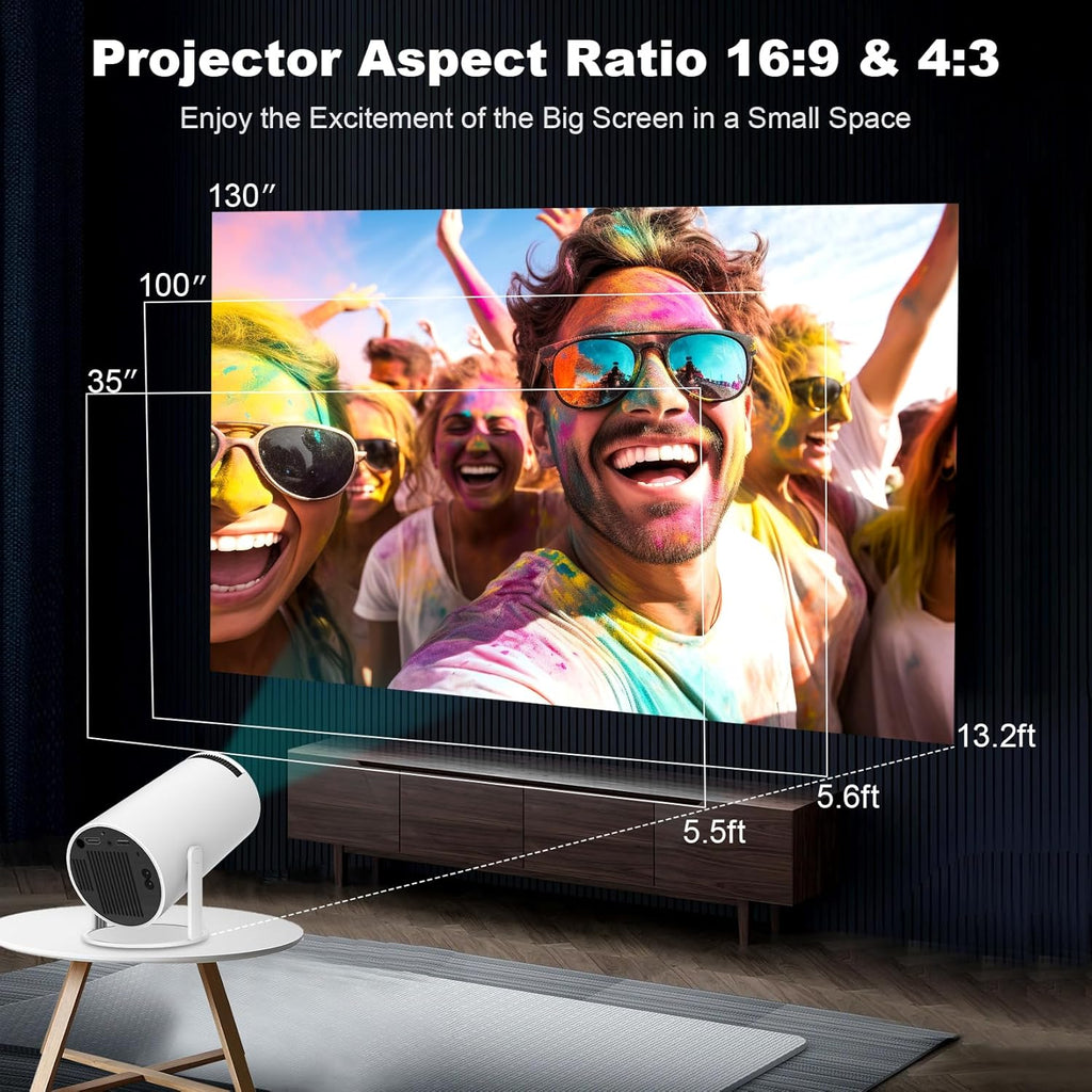 HY300 Mini Portable Projector, Support 4K 1080P with Dual-Band WIFI6 5G Wireless 5.0 Bluetooth Android 11, 180° Rotatable, Auto Keystone Correction, 35"-130" Screen Video Projector