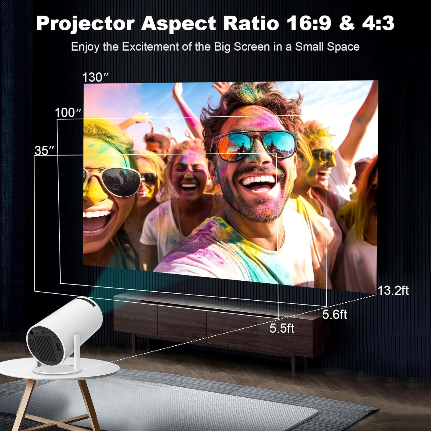 HY300 Mini Portable Projector, Support 4K 1080P with Dual-Band WIFI6 5G Wireless 5.0 Bluetooth Android 11, 180° Rotatable, Auto Keystone Correction, 35"-130" Screen Video Projector